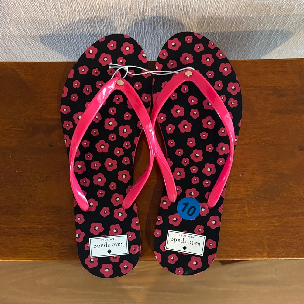 kate spade Black Floral Flip Flops with Pink Straps